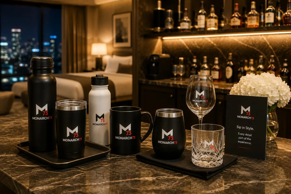 Branded bottles, tumblers, a mug, a stemless wine cup, a wine glass and a cut tumbler on a marble bar top in a hotel suite