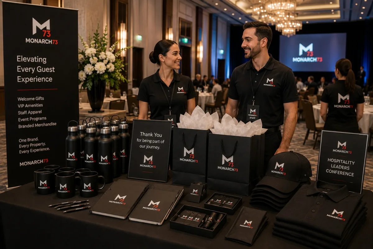 A conference table in a hotel ballroom with attendee gift bags, bottles, mugs, notebooks, caps and folded polos, staffed by two people in branded apparel