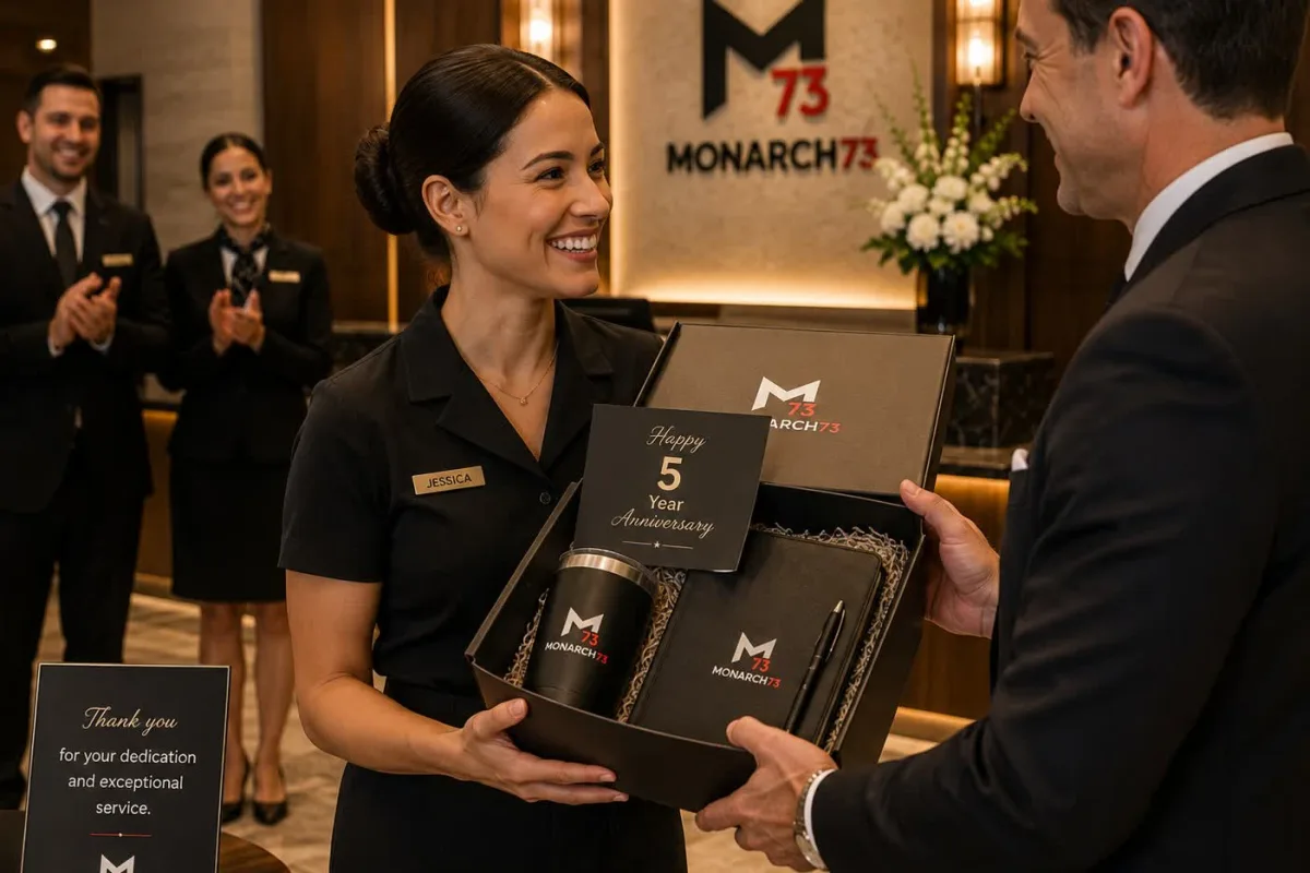 A hotel employee in uniform receiving a five-year anniversary gift box in the lobby while colleagues applaud