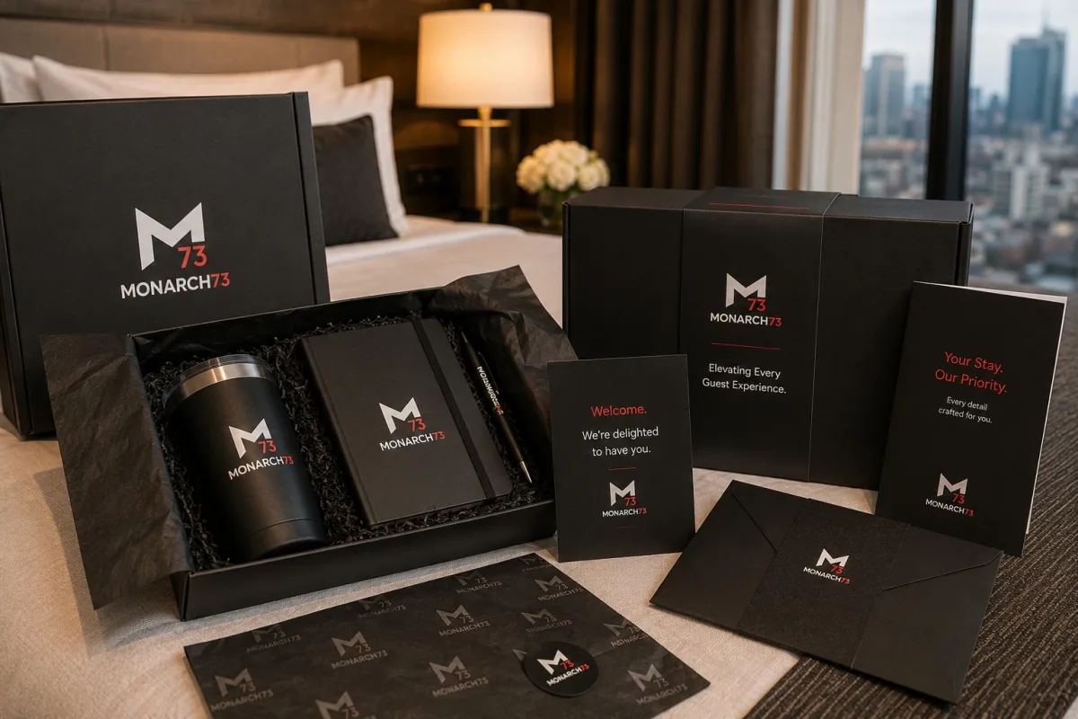 Branded rigid boxes, tissue, a sleeve, an envelope and welcome cards staged in a guest room, carrying the property's mark rather than a supplier's