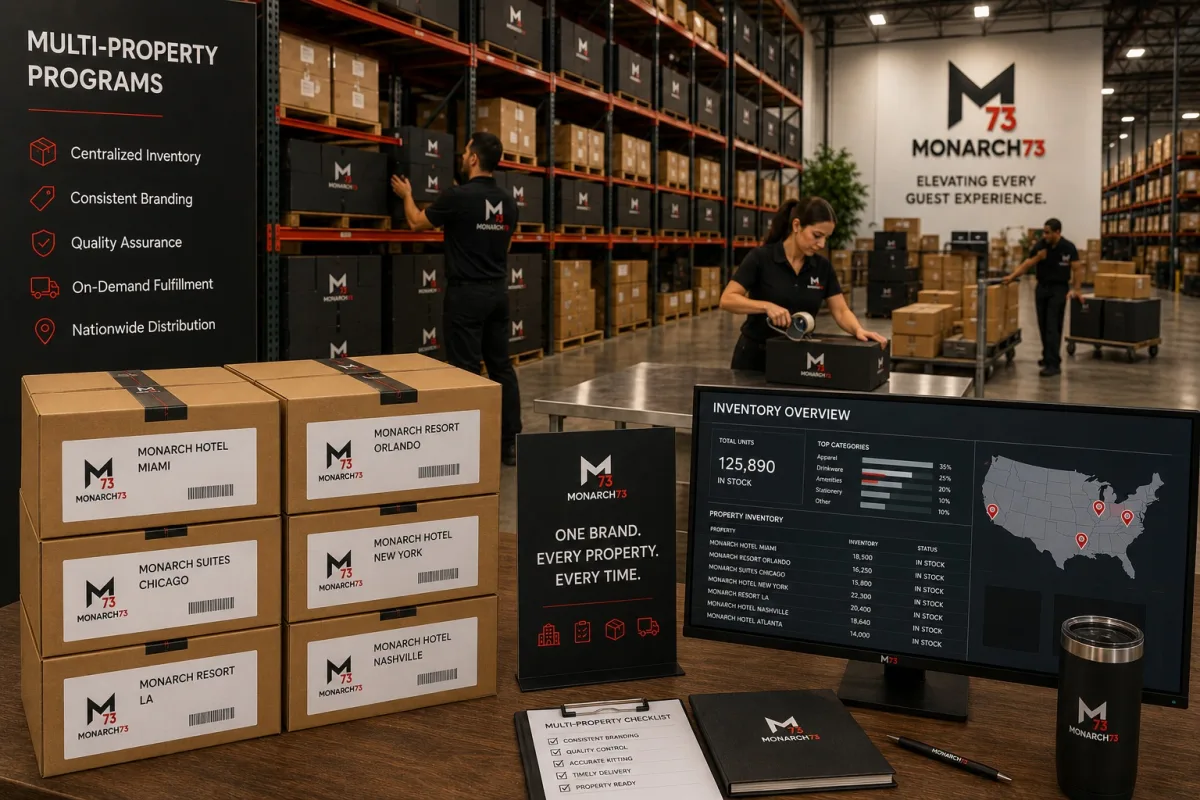 A warehouse holding one group's inventory, with cartons labeled for each hotel and an inventory screen showing stock by property