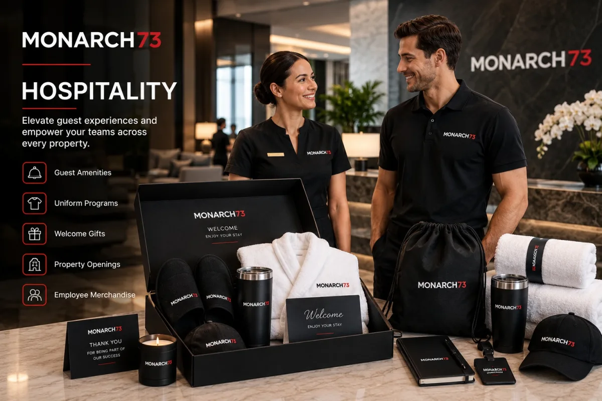A hotel lobby with branded robes, slippers, tumblers, a welcome box and property merchandise, and staff in branded uniform
