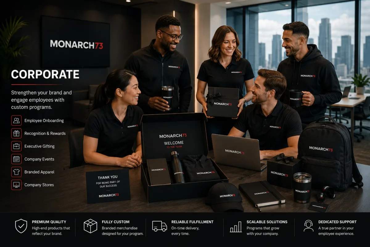 An office team in branded apparel around a welcome kit, executive gift boxes, drinkware, a notebook and a branded backpack