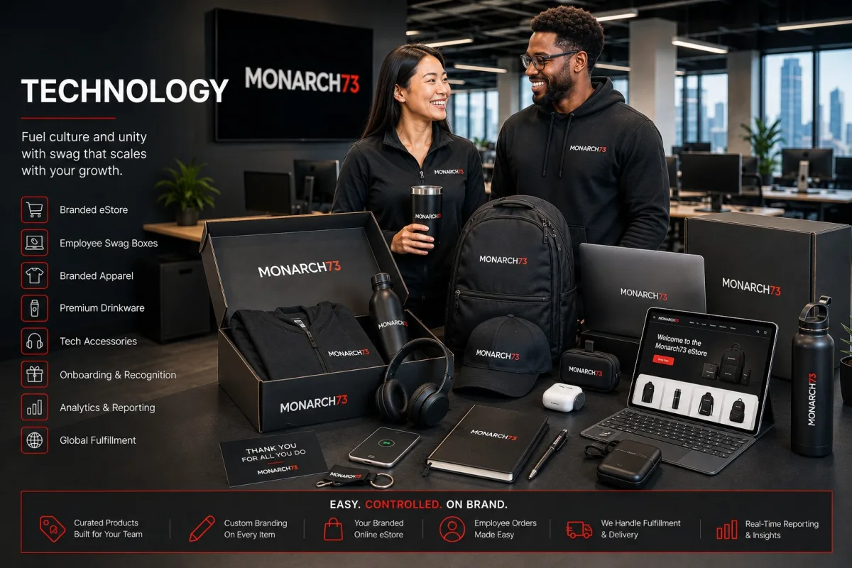 A technology office with an employee swag box, branded hoodie, backpack, drinkware, tech accessories and a company store on screen