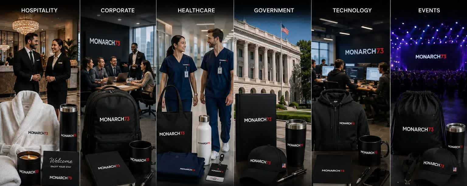 Six panels side by side — hospitality, corporate, healthcare, government, technology and events — each showing branded merchandise in that sector's own setting