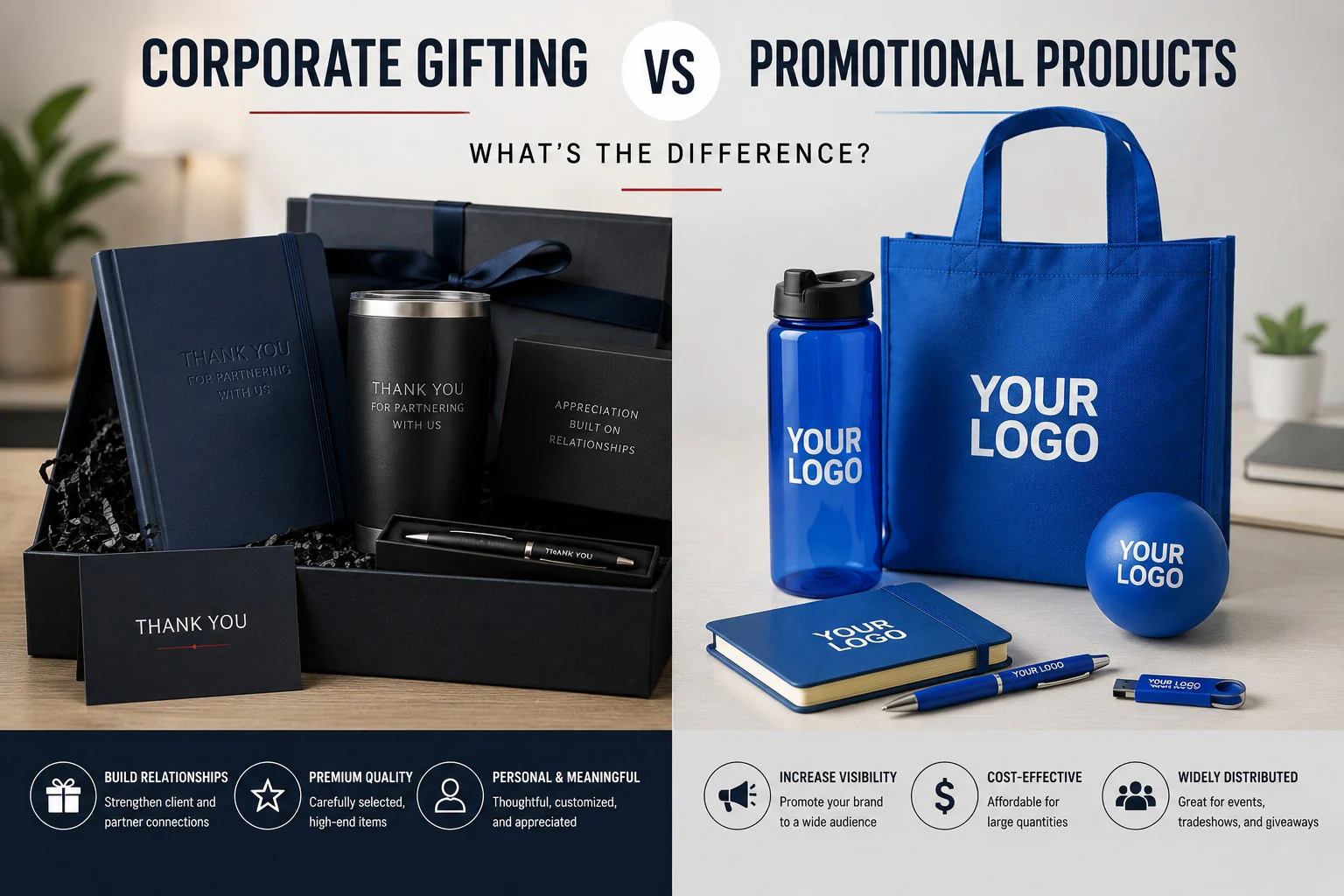 A premium gift box of a notebook, tumbler and pen beside a set of logo-printed promotional items — bottle, tote, notebook, pen, USB drive and stress ball