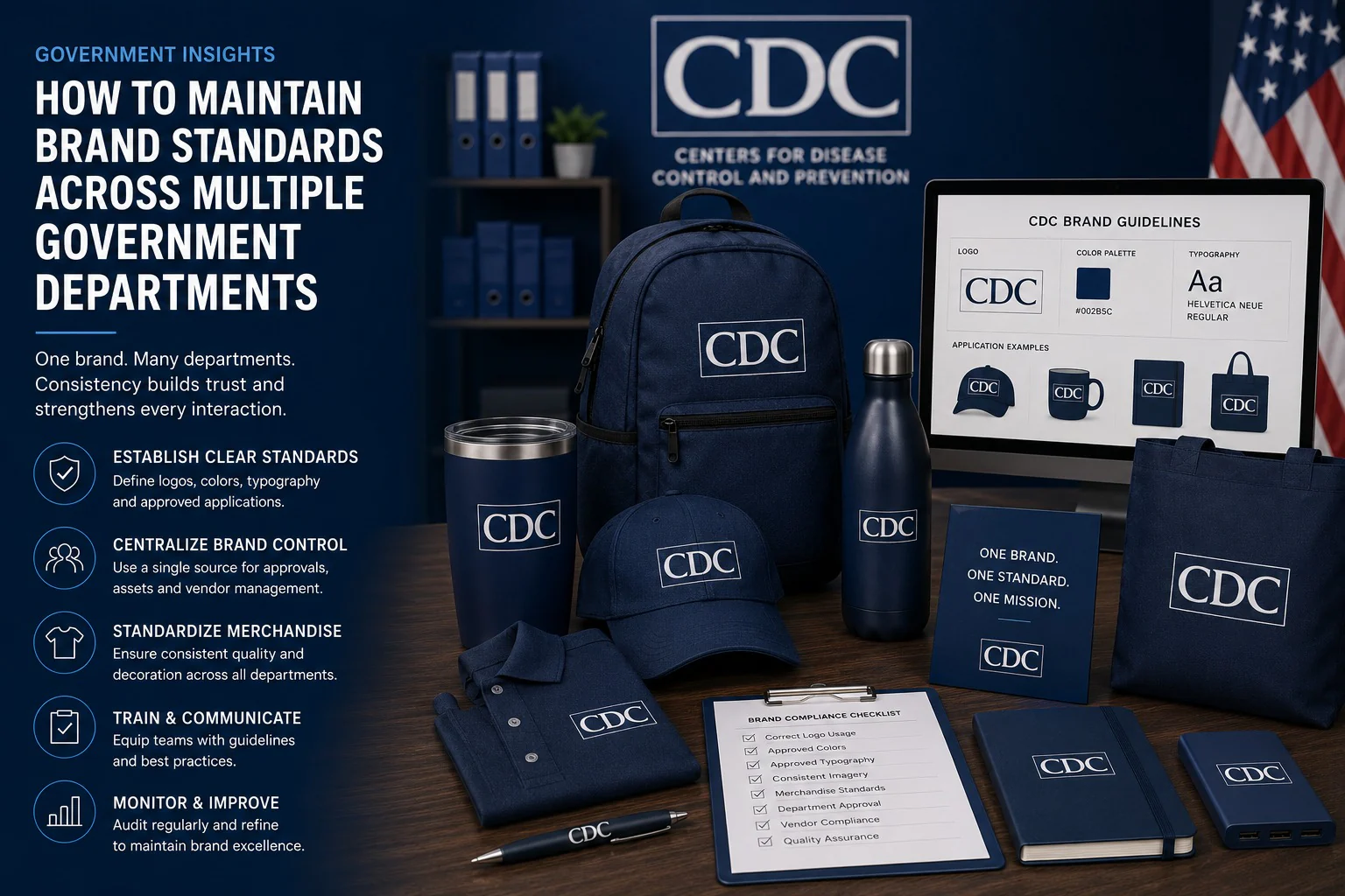 One agency identity applied across backpack, tumbler, cap, polo, bottle, tote and notebook, beside brand guidelines on screen and a brand compliance checklist