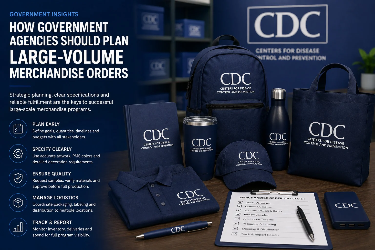A public-agency merchandise set — backpack, tote, polo, cap, tumbler, bottle, notebook and power bank — beside a merchandise order checklist covering quantities, artwork, samples and distribution