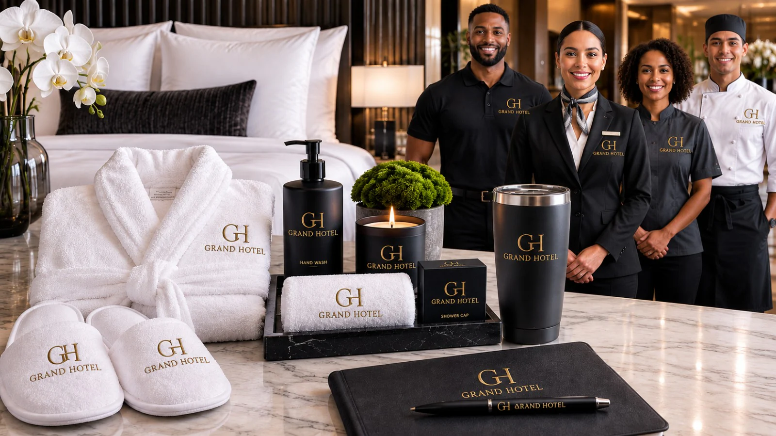 Branded hotel amenities — robe, slippers, towels, hand wash, candle and tumbler — laid out in front of front-desk, housekeeping and kitchen staff in matching property uniform