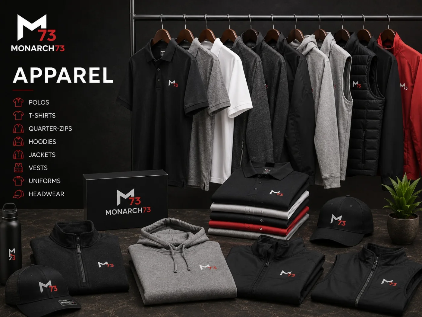 Branded apparel on a rack and folded — polos, t-shirts, quarter-zips, hoodies, jackets, vests, uniforms and headwear