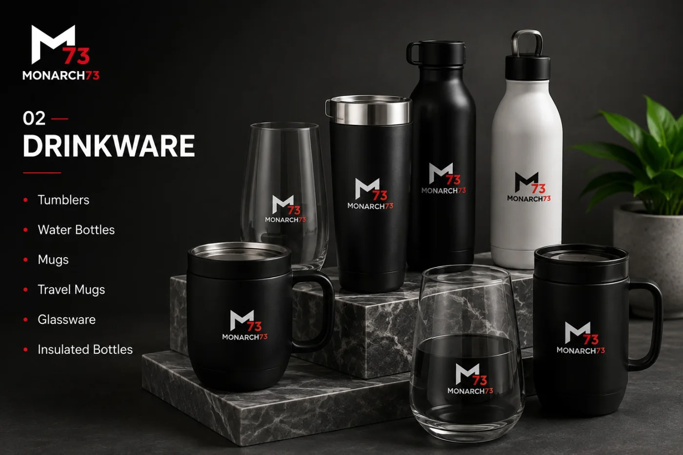 Branded drinkware on a marble surface — tumblers, water bottles, mugs, travel mugs, glassware and insulated bottles