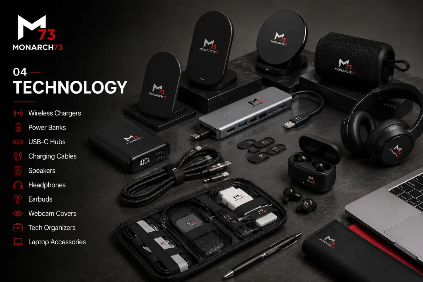 Branded technology accessories — wireless charger, power bank, USB-C hub, cables, speaker, headphones, earbuds, webcam cover and tech organizer