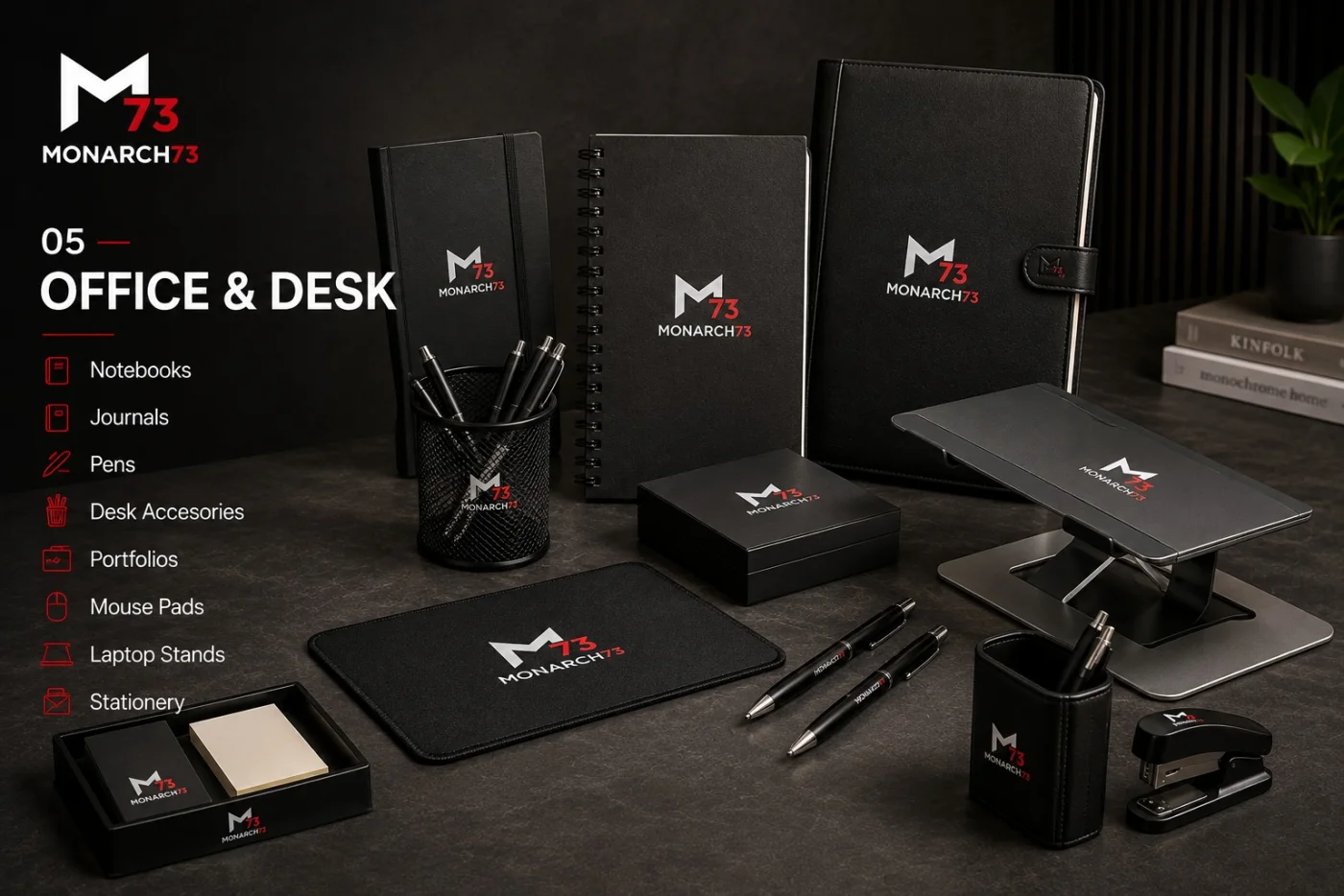 Branded office and desk items — notebooks, journals, pens, portfolio, mouse pad, laptop stand and desk accessories