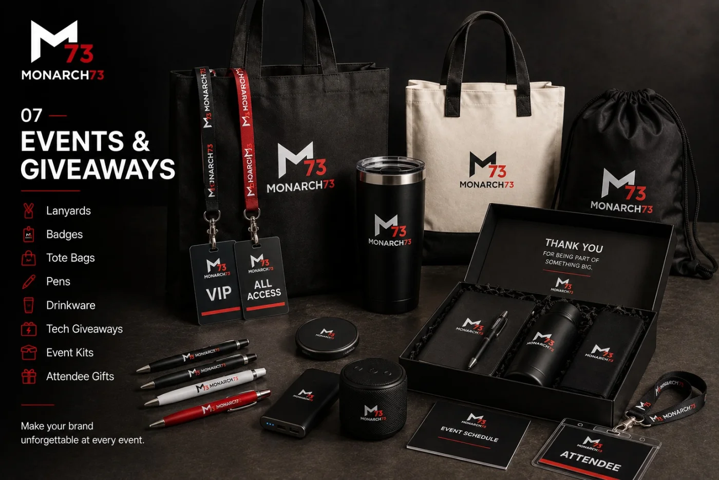 Event and giveaway merchandise at a branded tent — lanyards, badges, totes, pens, drinkware, tech giveaways and attendee kits