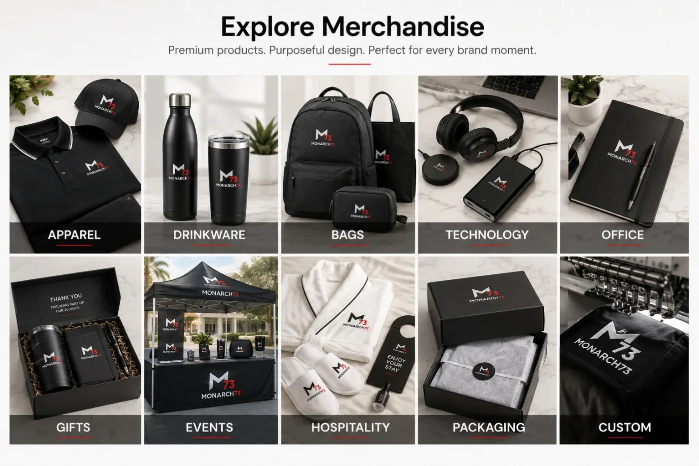 Ten merchandise categories side by side: apparel, drinkware, bags, technology, office, gifts, events, hospitality, packaging and custom