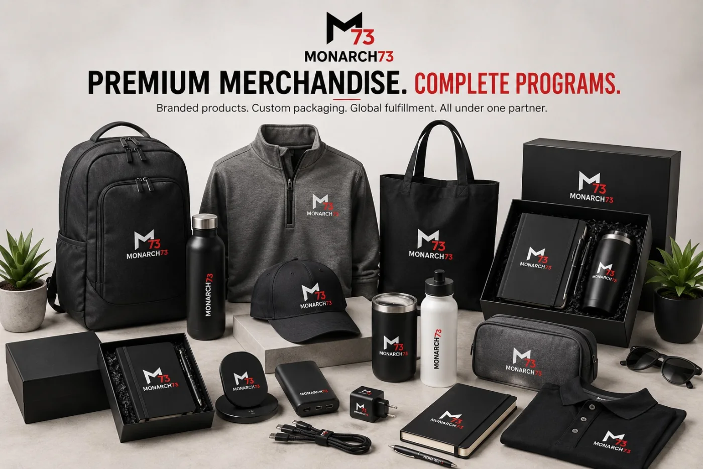 A curated collection of branded merchandise — backpack, quarter-zip, tote, gift boxes, drinkware, notebooks, tech accessories, cap and polo