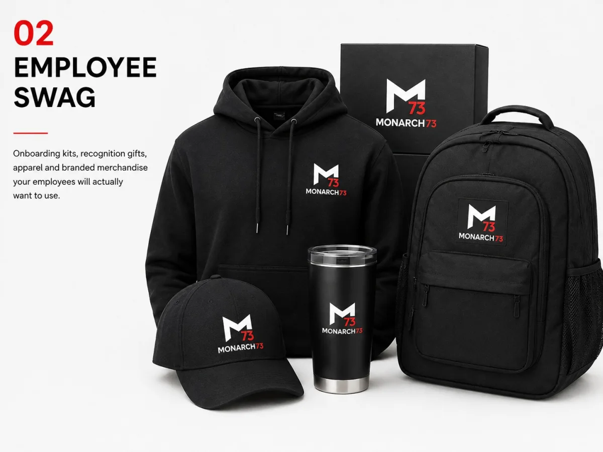 A branded hoodie, cap, tumbler, backpack and gift box laid out together