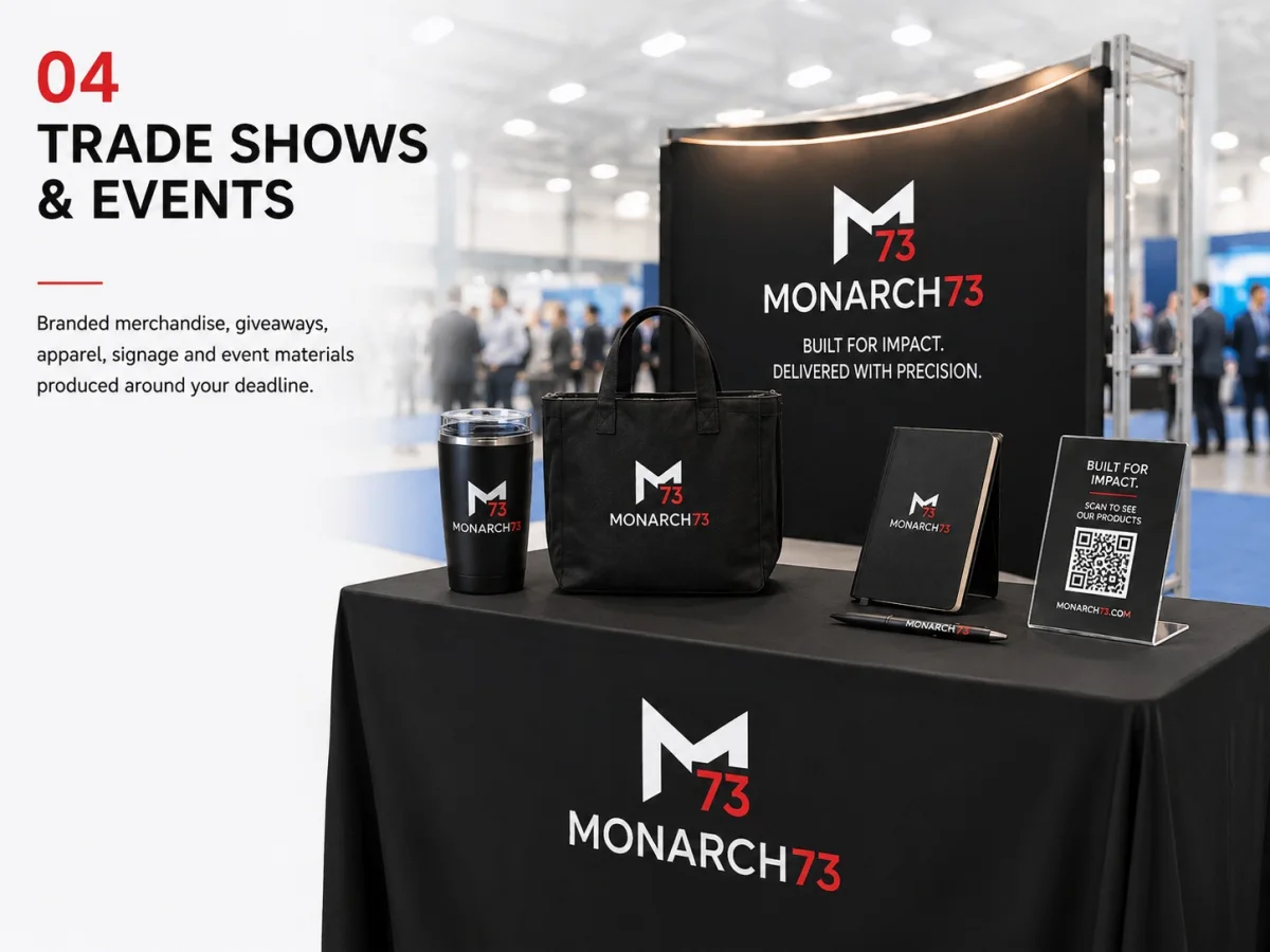 A branded trade show booth with a backwall, table cover, tote, tumbler and literature