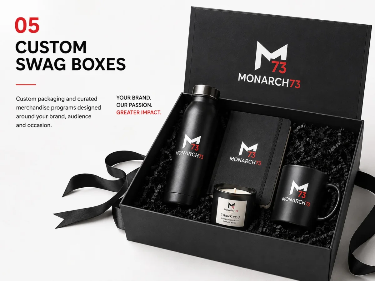 A custom swag box packed with a bottle, notebook, candle and mug on shredded filler