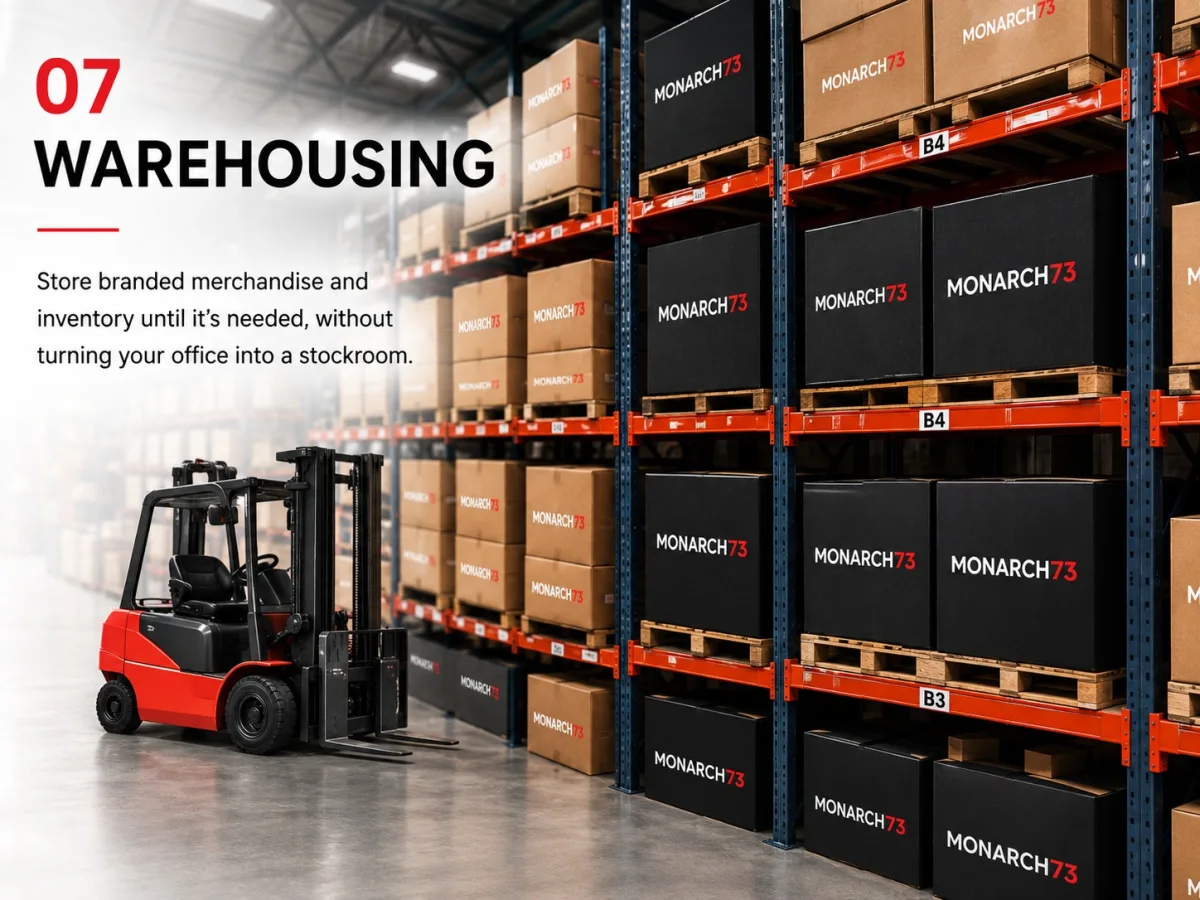 Branded cartons stored on warehouse racking, with a forklift on the aisle floor