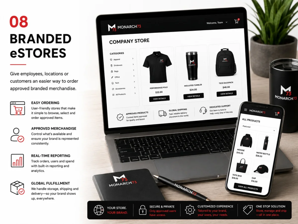 A branded company store shown on a laptop and a phone, with apparel, drinkware and bags for sale