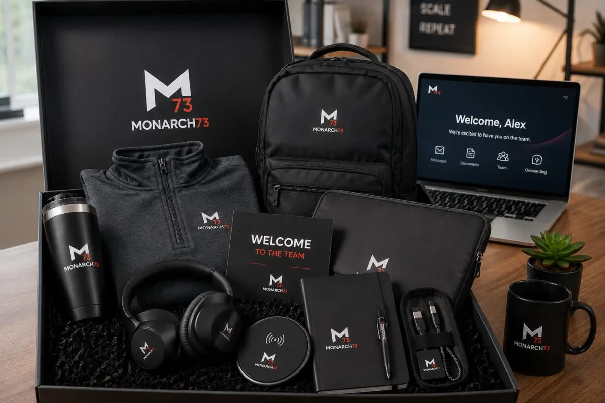 An open onboarding kit on a home-office desk — backpack, quarter-zip, laptop sleeve, headphones, wireless charger, tumbler, notebook, pen and cable kit — beside a laptop greeting a new hire by name