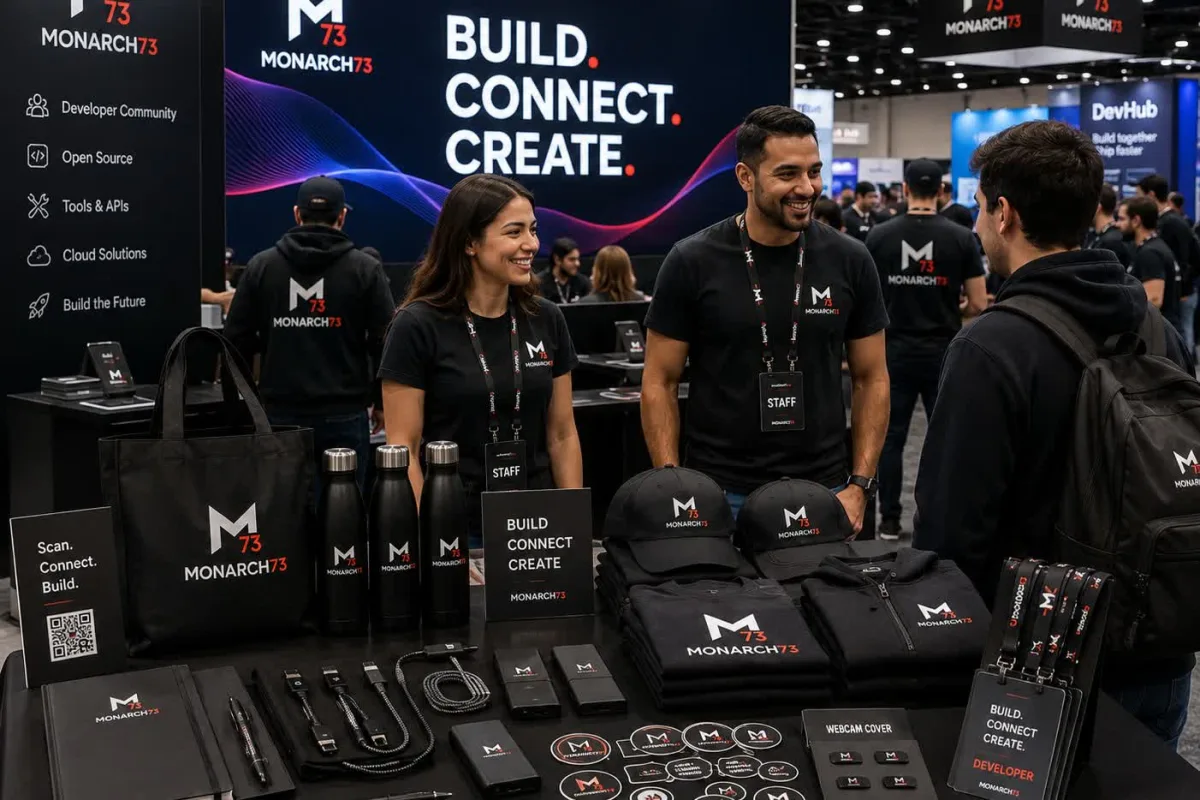 A developer conference booth with branded t-shirts, caps, totes, bottles, power banks, cables, webcam covers, stickers and lanyards, staffed by two people in matching apparel