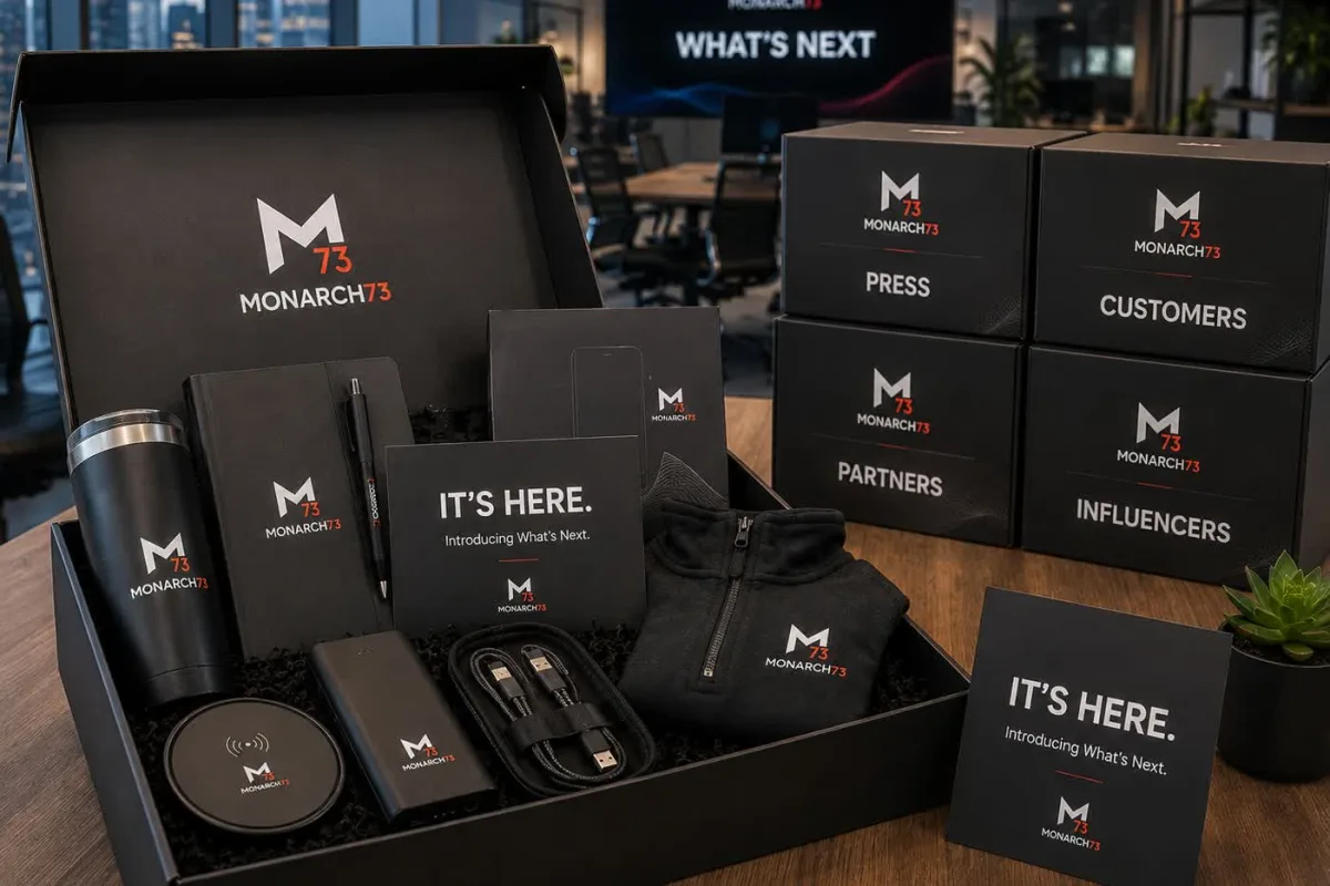 An open product launch kit with a wireless charger, power bank, cables, notebook, tumbler and quarter-zip, beside sealed boxes labeled press, customers, partners and influencers