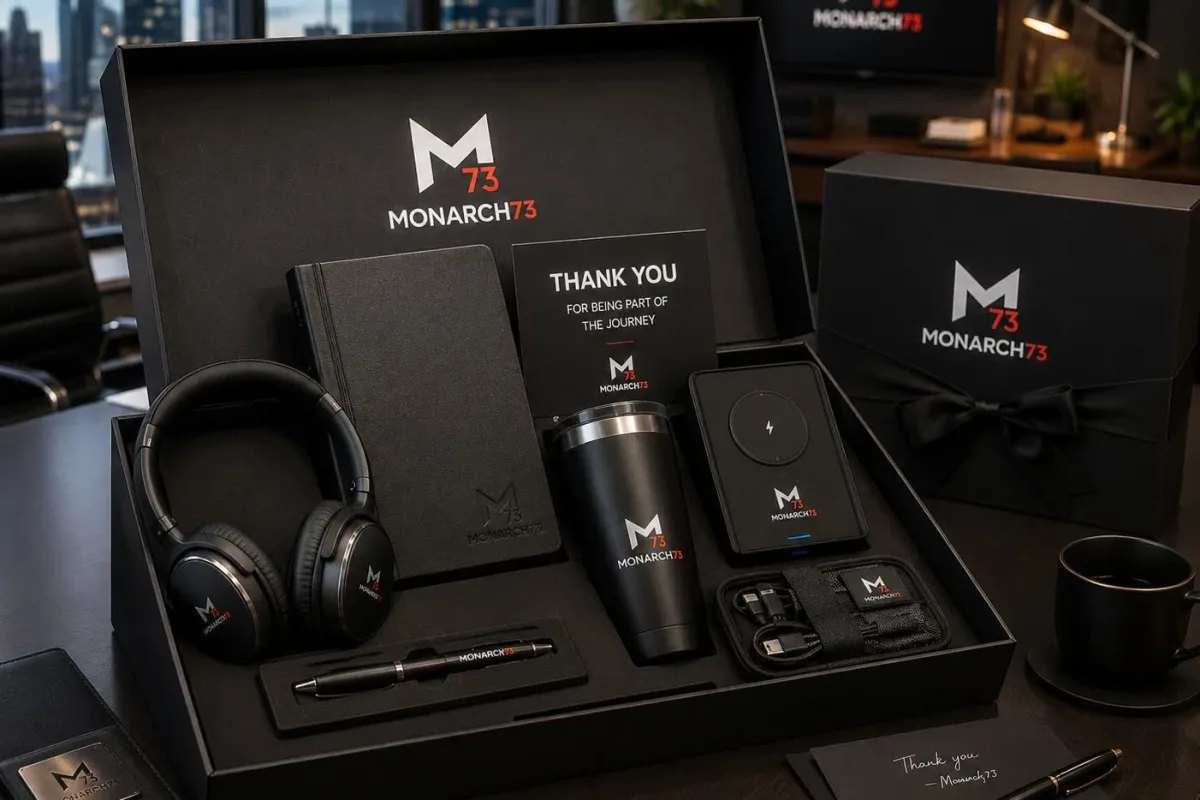 A rigid presentation gift box on an executive desk holding headphones, a leather notebook, pen, insulated tumbler, wireless power bank and a cable organizer, with a thank-you card