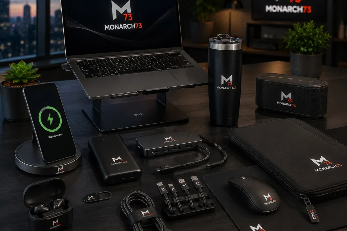 A workstation of branded tech accessories — wireless charging stand, power bank, USB-C hub, cables, earbuds, Bluetooth speaker, laptop sleeve and stand, mouse, mouse pad and webcam cover
