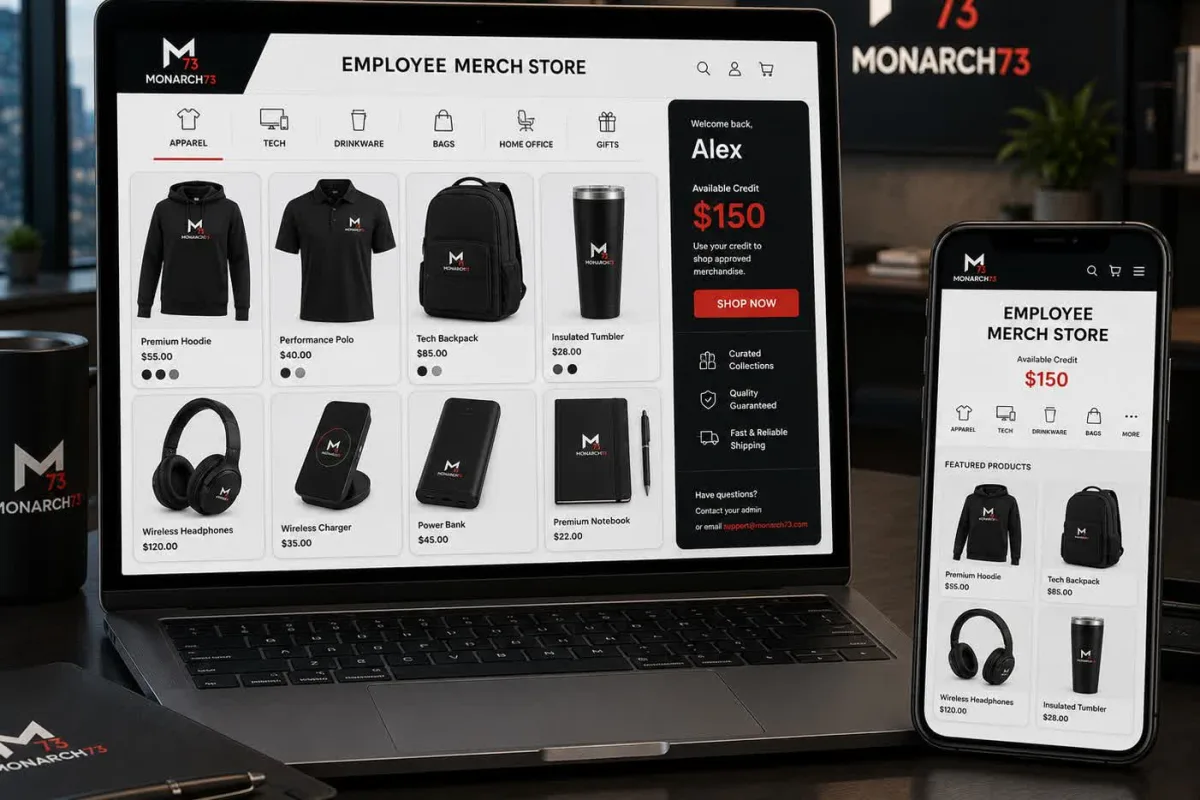 An employee merchandise store on a laptop and phone, with apparel, tech, drinkware, bags and home-office categories, product prices and the signed-in employee's available credit