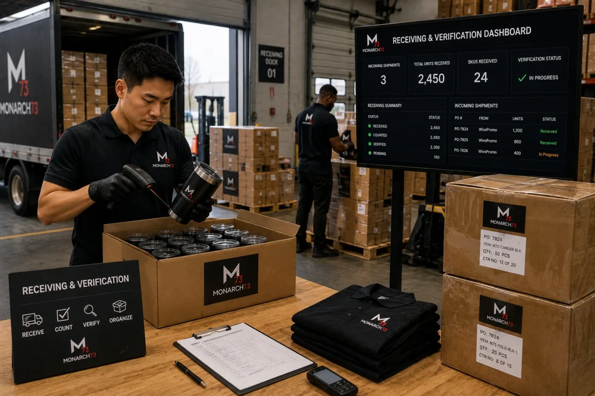 An incoming delivery being scanned and counted at the receiving dock against a board showing units received, SKUs received and verification status