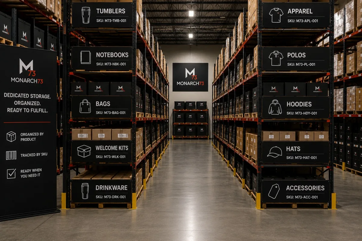 A racking aisle with every bay signed by product and SKU — tumblers, notebooks, bags, welcome kits, drinkware, apparel, polos, hoodies, hats and accessories