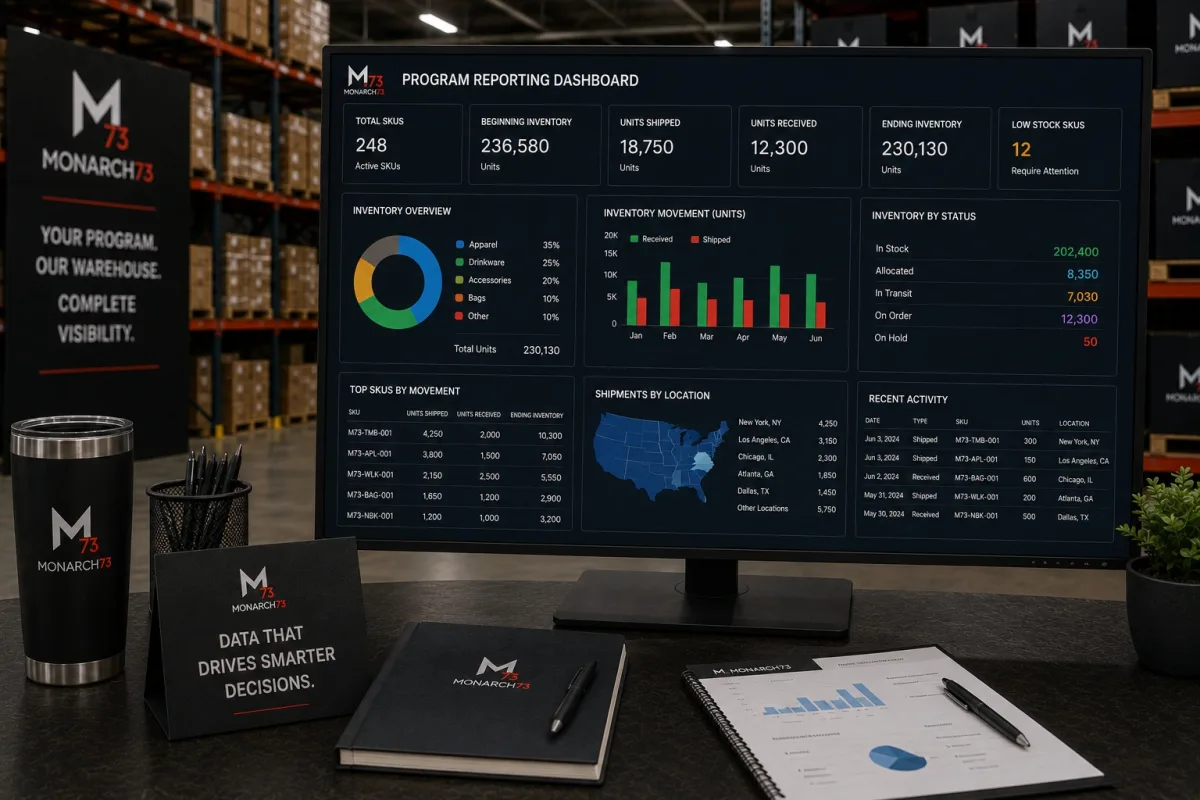A program reporting dashboard showing beginning inventory, units shipped, units received, ending inventory, low-stock SKUs and shipments by location
